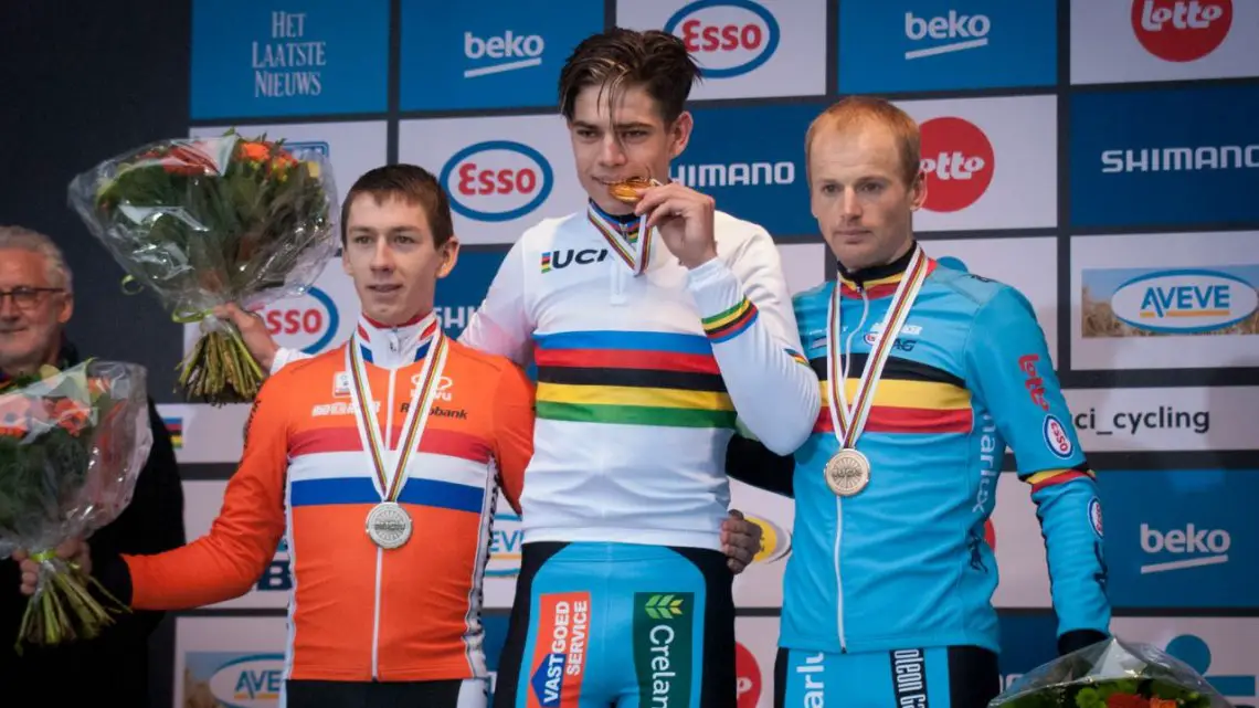 The Elite Men's Podium (l-r) van der Haar, van Aert and Pauwels © Mircea Ghinea / Cyclocross Magazine