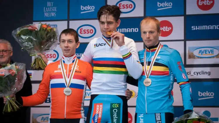 The Elite Men's Podium (l-r) van der Haar, van Aert and Pauwels © Mircea Ghinea / Cyclocross Magazine