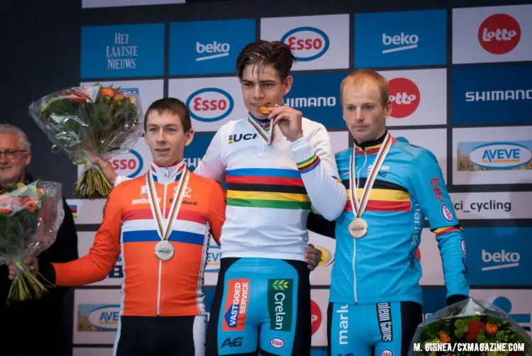 The Elite Men's Podium (l-r) van der Haar, van Aert and Pauwels © Mircea Ghinea / Cyclocross Magazine