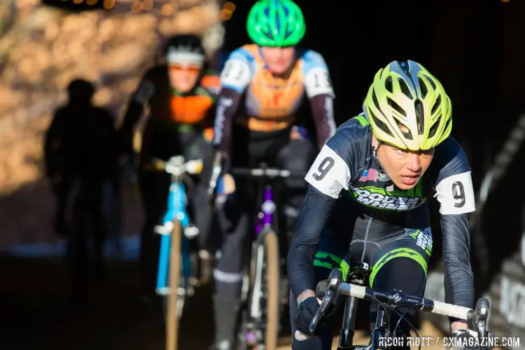 Rebecca Lewandowski exits the Bike Barn. © R. Riott / Cyclocross Magazine