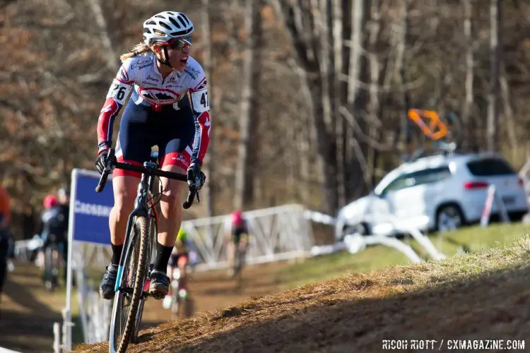 McCutcheon yells encouragement at the racers ahead of her before she chases them up the run-up. © R. Riott / Cyclocross Magazine