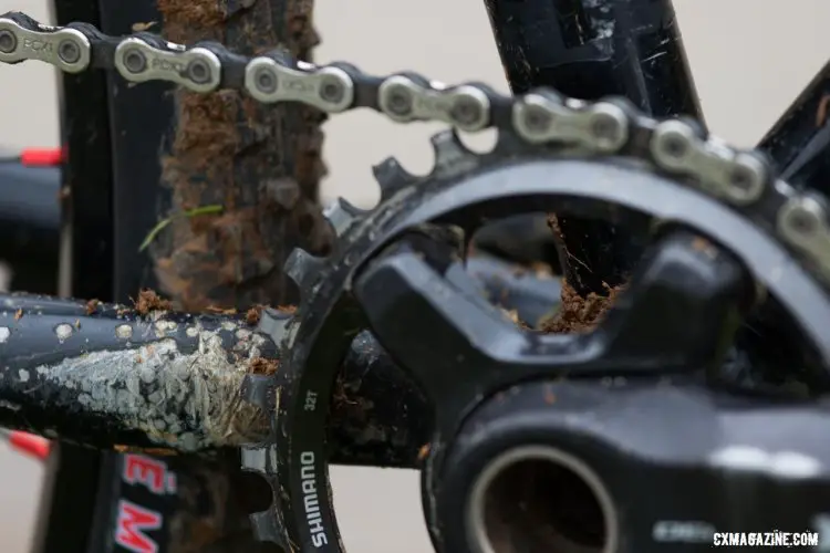 Haydn Hludzinskiran a single 32 tooth Shimano ring on XT crankarms. 2016 Cyclocross National Championships. © R. Riott/Cyclocross Magazine