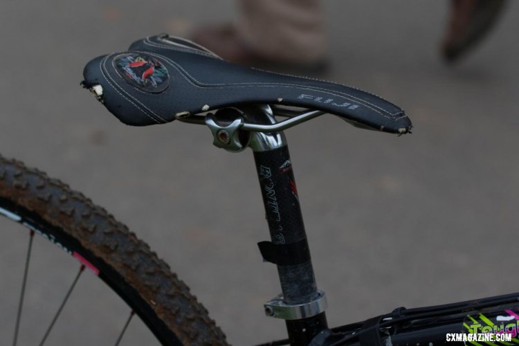 Hludzinski ran a Fuji branded SLR-style saddle mounted atop a Bontrager carbon post. 2016 Cyclocross National Championships. © R. Riott/Cyclocross Magazine