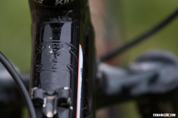 Hludzinski's bike was devoid of typical brand markings, but this stamp on the toptube from Kensis remains. © R. Riott/Cyclocross Magazine