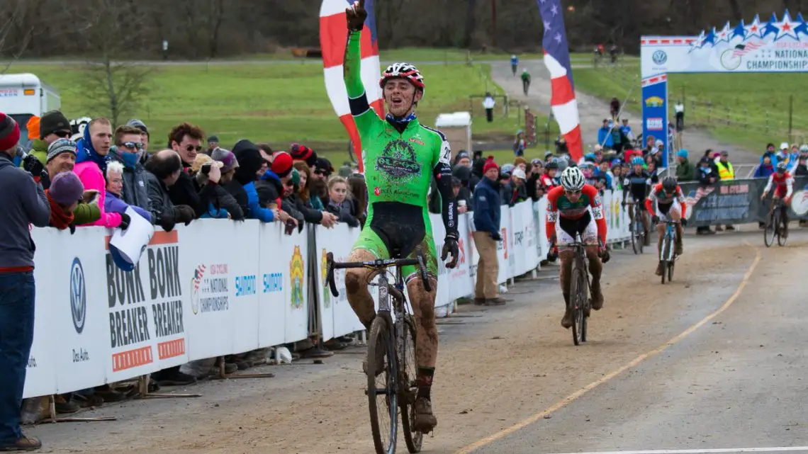 Gage Hecht celebrates his fifth cyclocross National Championship. © Cyclocross Magazine