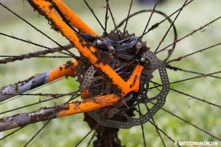 SRAM Rival hydro brake calipers and quick release axles for Gomez Villafane's winning rig. 2016 Cyclocross National Championships. © R. Riott/Cyclocross Magazine