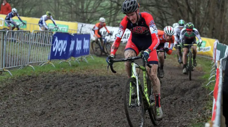 Andrew Dillman leads a chase group at Hoogerheide. 2016 World Cup Hoogerheide. © Bart Hazen