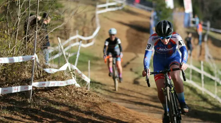 Nicole Mertz leads Jessica Cutler and takes the Women's Singlespeed Championship race, 2016 Cyclocross National Championships. © Cyclocross Magazine