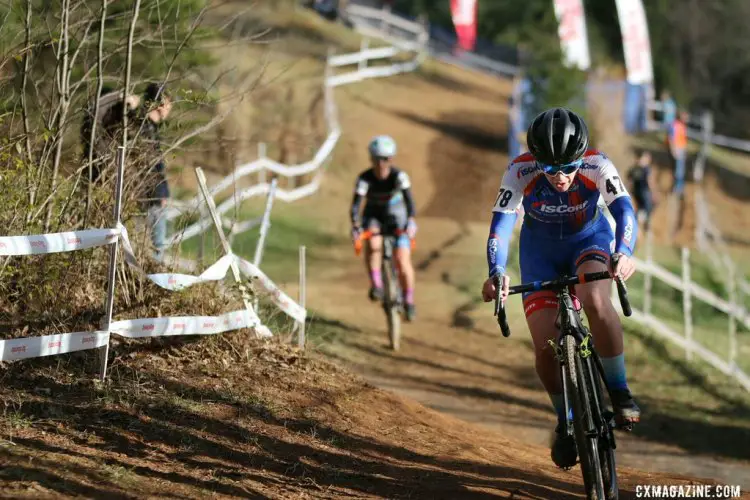 Nicole Mertz leads Jessica Cutler and takes the Women's Singlespeed Championship race, 2016 Cyclocross National Championships. © Cyclocross Magazine