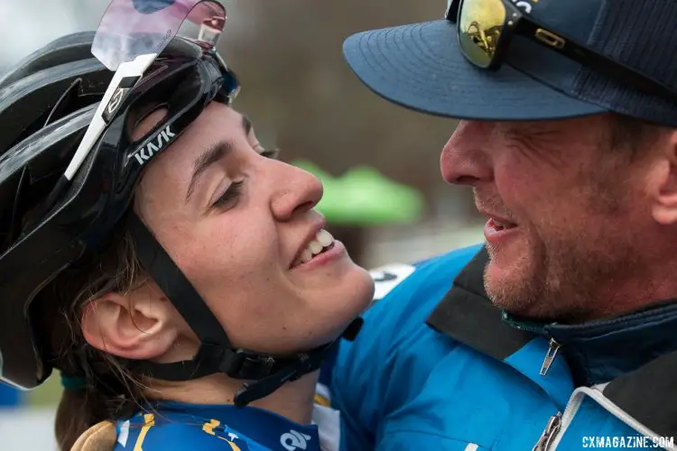 Gomze Villafane celebrates with her team director. Collegiate D1 Women, 2016 Cyclocross National Championships. © Cyclocross Magazine