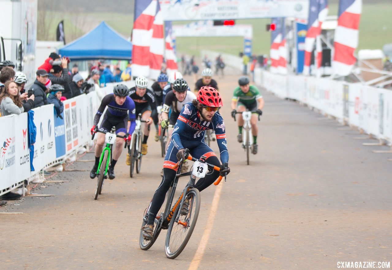 King University takes the race on to the course from the start straight. 2016 National Championships. © Cyclocross Magazine
