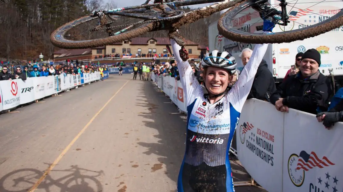 Ellen Noble celebrates here win with her Focus Mares bike. © Cyclocross Magazine