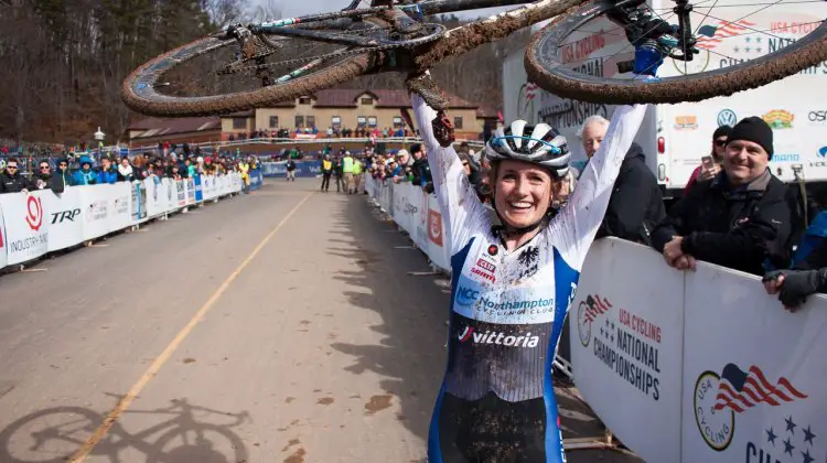 Ellen Noble celebrates here win with her Focus Mares bike. © Cyclocross Magazine