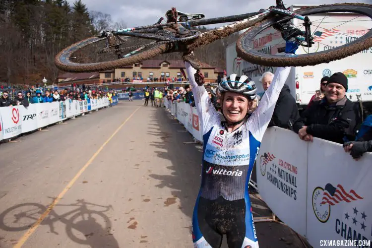 Ellen Noble celebrates here win with her Focus Mares bike. © Cyclocross Magazine