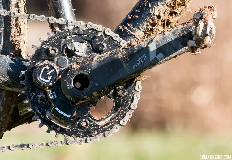 Tricia Fleischer used a Wolf Tooth Drop-Stop 38t chainring but left her inner ring on her Quarq CinQo Saturn power meter crankset with SRAM Force CX1 arms. Interesting to note the Stages Power meter peeking through as well. 2016 Cyclocross Nationals. © Cyclocross Magazine