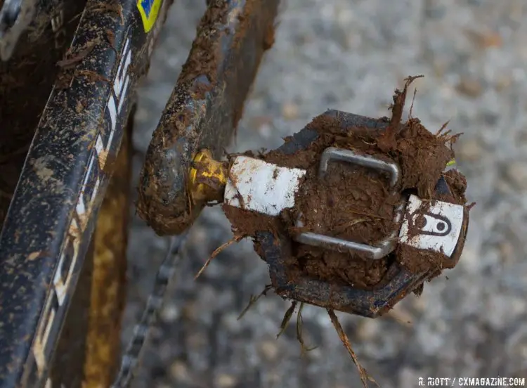 Powers, along with many other competitors, had some difficulty clipping in during the race. His Crankbrothers Candy pedals still carry the mud that proved to be such a hindrance. © Cyclocross Magazine