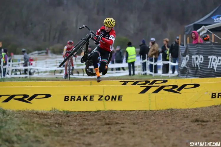 Kahill Bailey hit the barriers with impressive speed. Junior Men 11-12, 2016 Cyclocross National Championships. © Cyclocross Magazine