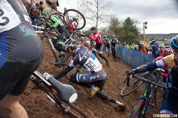 Overnight rain had the course's many off-camber sections slick for the Junior Men, 2016 Cyclocross National Championships. © Cyclocross Magazine