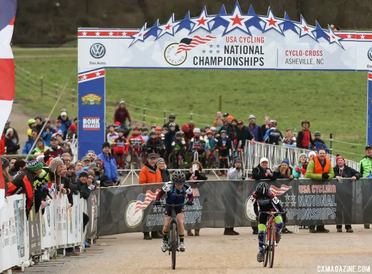 The sprint of the day: Kaya Musgrave and Keren Bennett. Junior Women 11-12, 2016 Cyclocross National Championships. © Cyclocross Magazine