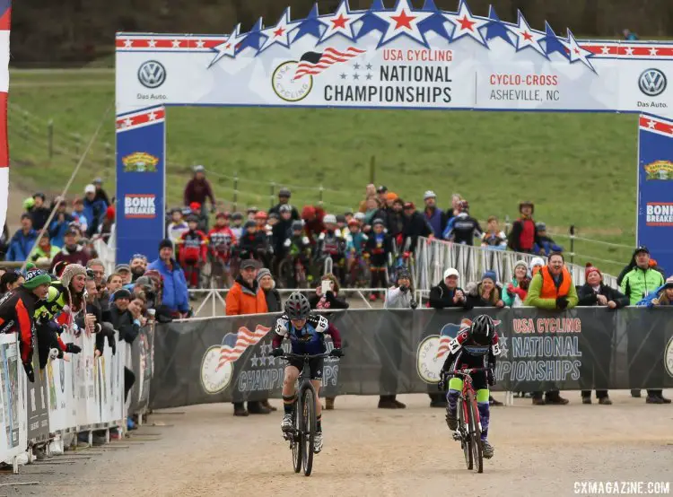 The sprint of the day: Kaya Musgrave and Keren Bennett. Junior Women 11-12, 2016 Cyclocross National Championships. © Cyclocross Magazine