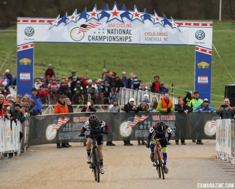 The sprint of the day: Kaya Musgrave and Keren Bennett. Junior Women 11-12, 2016 Cyclocross National Championships. © Cyclocross Magazine
