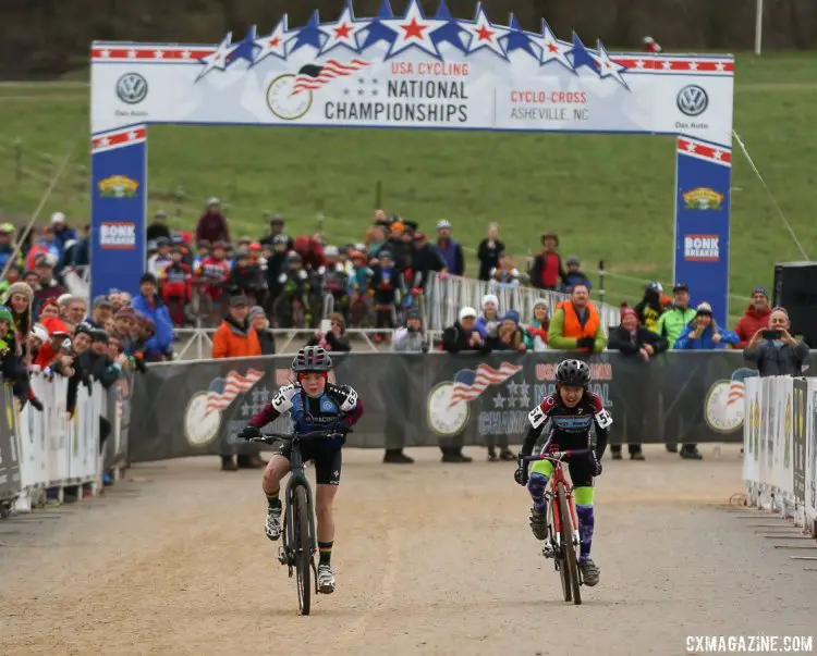 The sprint of the day: Kaya Musgrave and Keren Bennett. Junior Women 11-12, 2016 Cyclocross National Championships. © Cyclocross Magazine