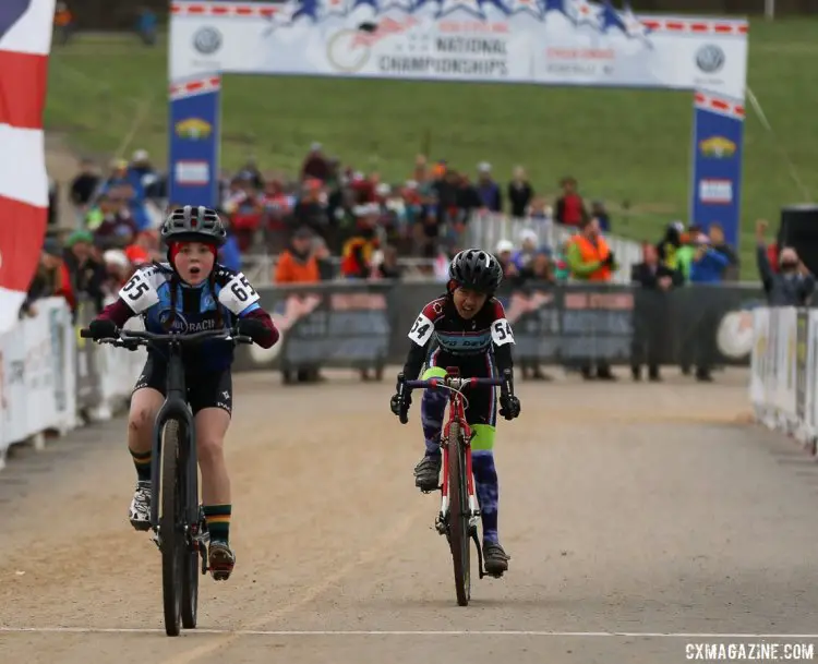 The sprint of the day: Kaya Musgrave and Keren Bennett. Junior Women 11-12, 2016 Cyclocross National Championships. © Cyclocross Magazine