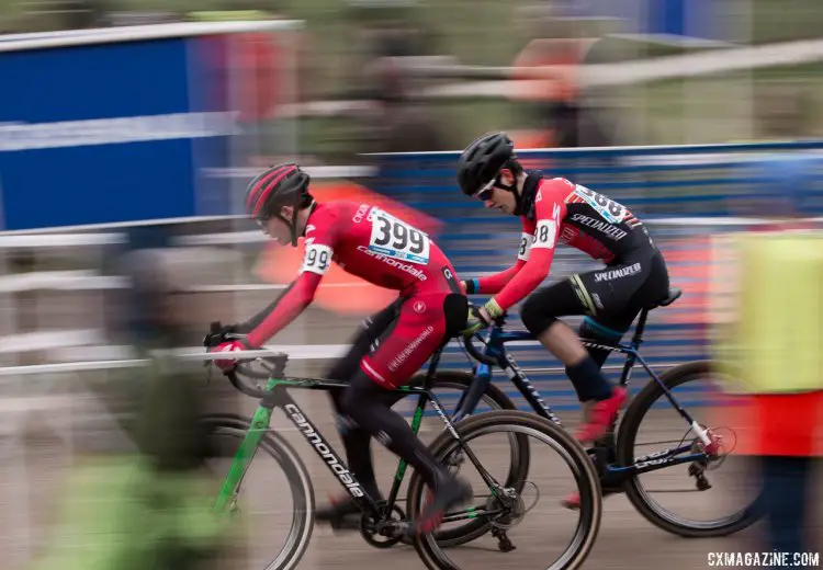 The race between Ben Gomez Villafañe and Gaelen Kilburn in the Junior Men 15-16 race was one of the more exciting races of the day. 2016 Cyclocross National Championships. © Cyclocross Magazine