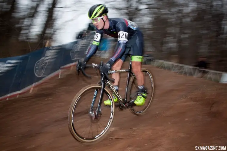 Andrew Schmidt rolls through the steep drop-off. Junior Men 15-16, 2016 Cyclocross National Championships. © Cyclocross Magazine