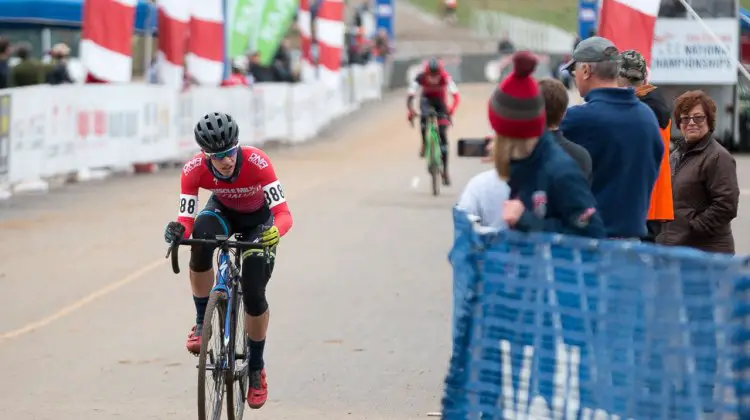 Ben Gomez Villafañe leading Gaelen Kilburn with one to go. Junior Men 15-16, 2016 Cyclocross National Championships. © Cyclocross Magazine