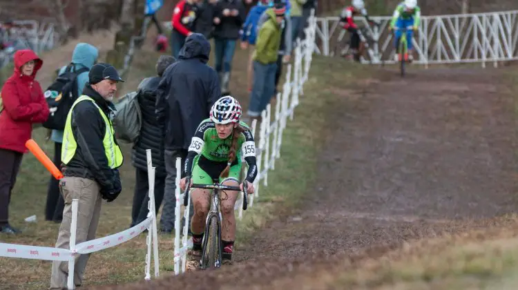 Clouse goes clear and is headed to a win in Junior Women 15-16, 2016 Cyclocross National Championships. © Cyclocross Magazine