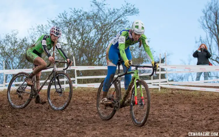 Katie Clouse (Alpha Bicycle Co. - Vista Subaru), shown here in second, on her way to victory at the Junior Women 15-16, 2016 Cyclocross National Championships. © Cyclocross Magazine