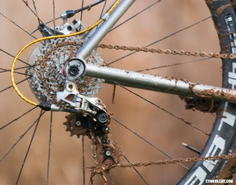 Shifting duties on Katie Clouse's Moots Psychlo-X were taken care of by a SRAM Force 1 rear derailleur and Jagwire's Road Elite Link housing. 2016 Cyclocross National Championships. © Cyclocross Magazine