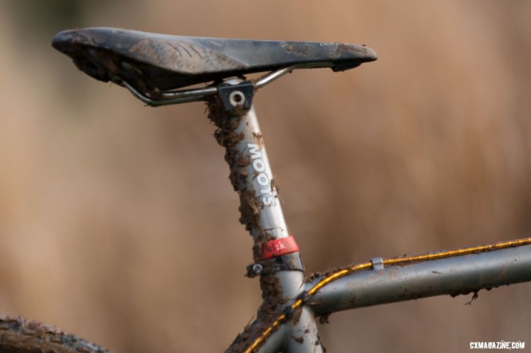 A Fizik saddle and seatpost collar to mark saddle height adorne the Moots seatpost aboard Katie Clouse's Moots Psychlo-X. 2016 Cyclocross National Championships. © Cyclocross Magazine