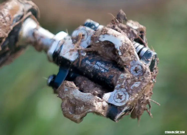 Given the course conditions for Katie's Clouse's race, her Shimano XT M780 pedals seem fairly clean on the finish lne. © Cyclocross Magazine