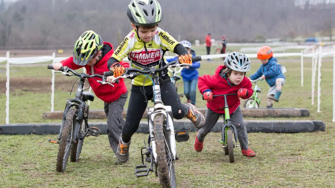 Remount skills were on display at the Kid Cross Race. 2016 Cyclocross National Championships. © Cyclocross Magazine