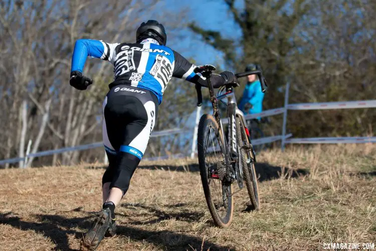 Tom Burke literally ran after the riding Lasley and Shriver up the Heckle Hill, and would finish third. Masters 35-39, 2016 Cyclocross National Championships. © Cyclocross Magazine