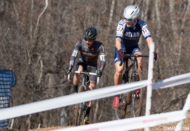 James Cochran leads Brandon Dwight in the chase of the leaders. Masters 45-49, 2016 Cyclocross National Championships. © Cyclocross Magazine