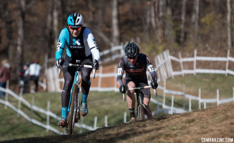 Mark Savery and Pete Webber locked into a two-man battle for first. Masters 45-49, 2016 Cyclocross National Championships. © Cyclocross Magazine