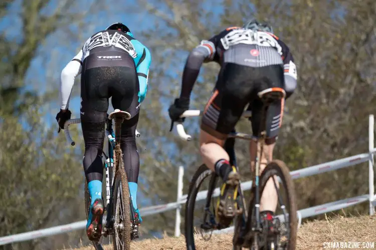 Mark Savery and Pete Webber locked into a two-man battle for first. Masters 45-49, 2016 Cyclocross National Championships. © Cyclocross Magazine