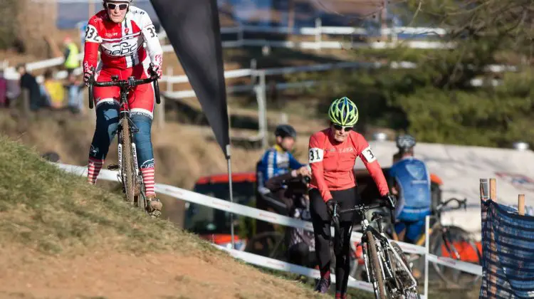 Julie Lockhart (l) and Val Graciela had a back and forth race in the Masters Women 75-79 title chase.2016 Cyclocross National Championship. © Cyclocross Magazine