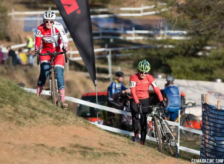 Julie Lockhart (l) and Val Graciela had a back and forth race in the Masters Women 75-79 title chase.2016 Cyclocross National Championship. © Cyclocross Magazine