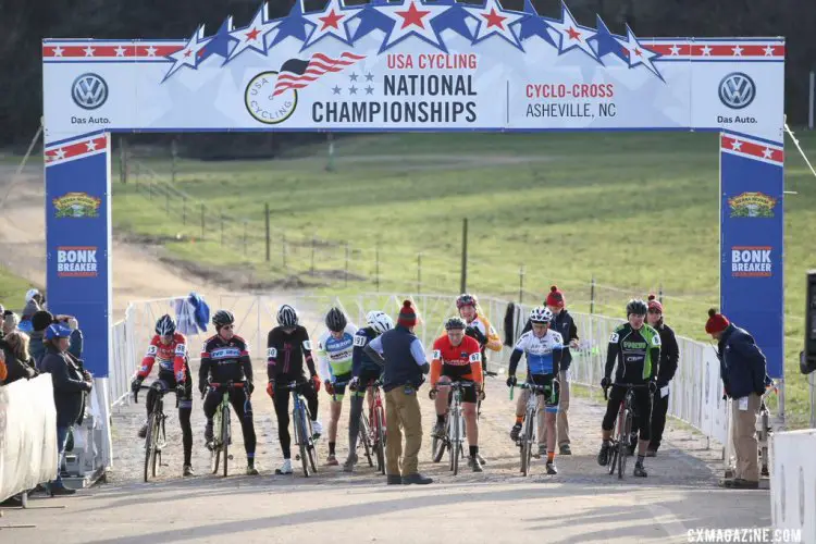 The start of the Men's 70-74, 75-79 and 80+ race saw nine racers take the line. © Cyclocross Magazine