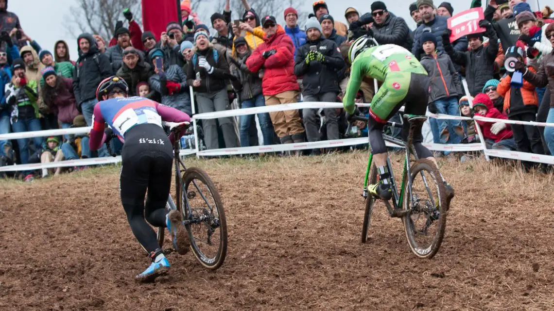 Different folks, different strokes. Hyde grunted up the climb, Powers ran it. Elite Men, 2016 Cyclocross National Championships. © Cyclocross Magazine