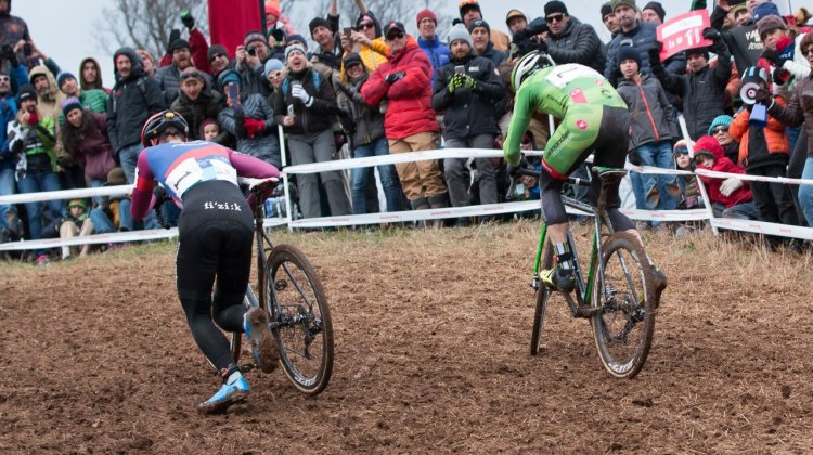Different folks, different strokes. Hyde grunted up the climb, Powers ran it. Elite Men, 2016 Cyclocross National Championships. © Cyclocross Magazine