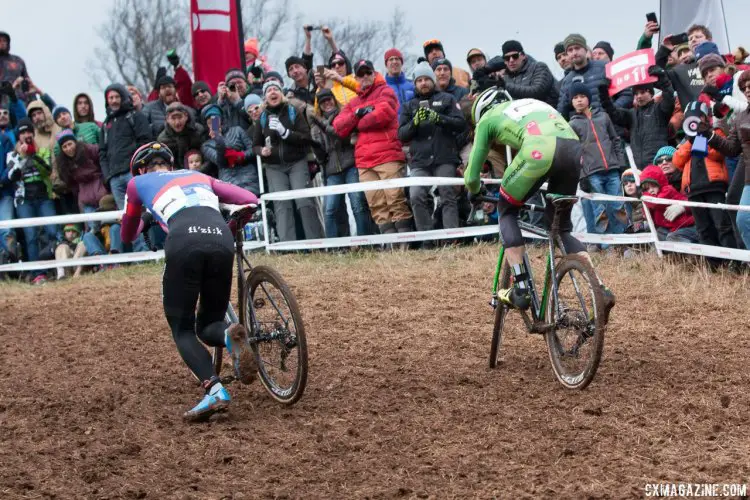 Different folks, different strokes. Hyde grunted up the climb, Powers ran it. Elite Men, 2016 Cyclocross National Championships. © Cyclocross Magazine