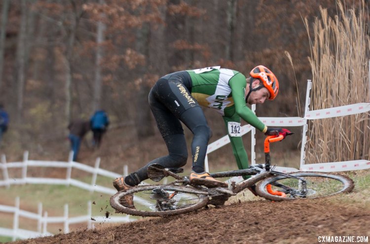 The course started to firm up during the U23 Men's race, but as Peter Striegel (University of Vermont) shows, a momentary lapse in concentration led to disastrous results. © Cyclocross Magazine