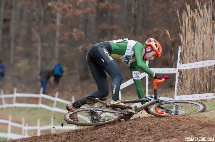 The course started to firm up during the U23 Men's race, but as Peter Striegel (University of Vermont) shows, a momentary lapse in concentration led to disastrous results. © Cyclocross Magazine