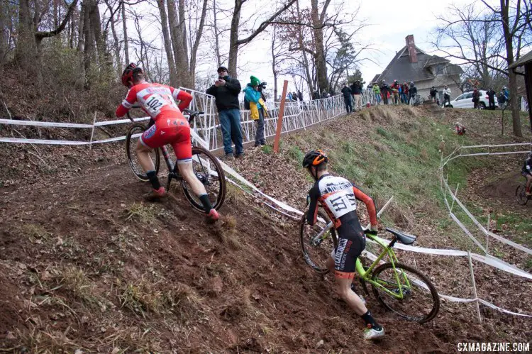 Ortenblad leads Dillman up the run up in the U23 Men's race at the 2016 Cyclocross National Championships. © Cyclocross Magazine