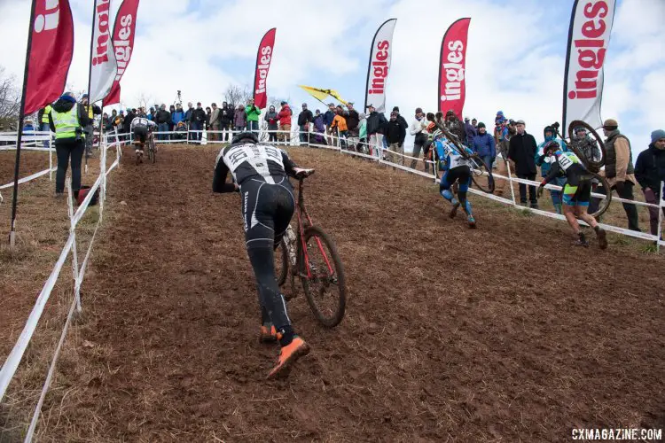 Overnight rain turned the Ingles Heckle Hill into a run up. © Cyclocross Magazine